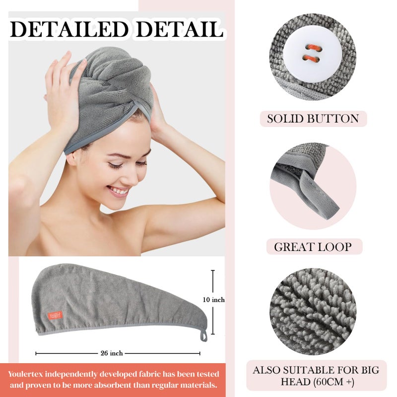 YoulerTex Microfiber Hair Towel Hair Wrap: 2 Pack 10X26 Hair Dryer Towels for Women Absorbent Turban Twist Drying Shower Cap Curly Hair Products for Hair Care Hair Accessories (02 Gray) - Image 3